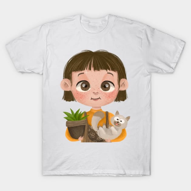 Little Girl and Cat T-Shirt by fadikiymik